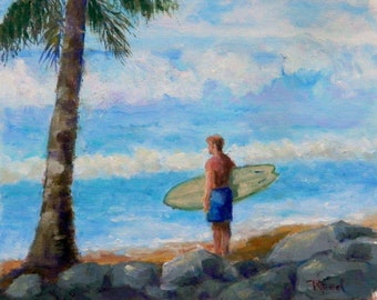 Contemplating The Paddle Out - Surf Art oil on canvas panel FREE SHIPPING