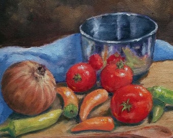 Salsa Makin's - Still Life Oil Painting, Food Art, Tomatoes and Peppers, Salsa