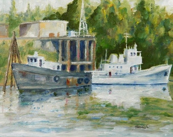Boats On The River - original oil painting - Home Decor