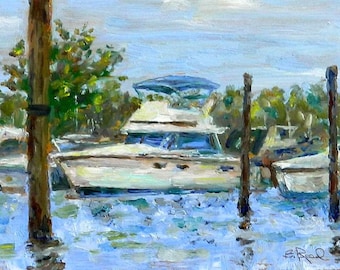 Boats at Harbor - original oil painting