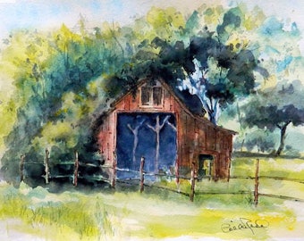 Overgrown Barn - watercolor original art barnyard barn painting gift