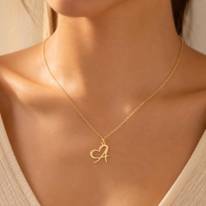 Heart Initial Necklace, Personalized Script Letter Pendant, 18K Gold, Rose Gold, Silver