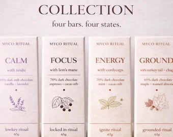 MYCO RITUAL COLLECTION – 4 Functional Mushroom Chocolate Bars (Calm, Focus, Energy, Ground) – Adaptogenic Chocolate Gift Set – Handmade in C