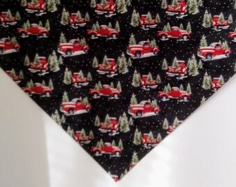 Winter Table Runner, Red Pickup Truck on black background, Small 36" Runner