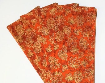 Fall Napkins, Gold Leaves on Burnt Orange Background, Cloth Table Napkins, Dinner Napkins, Set of 4