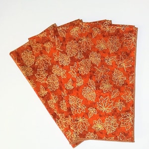 Fall Napkins, Gold Leaves on Burnt Orange Background, Cloth Table Napkins, Dinner Napkins, Set of 4 image 1