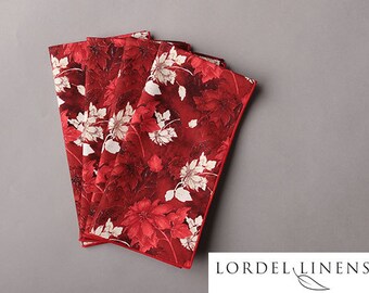 Christmas Napkins, Designer Look, Red and White Poinsettias accented with Silver Metallic, Holiday Table Decor, Elegant Christmas Table