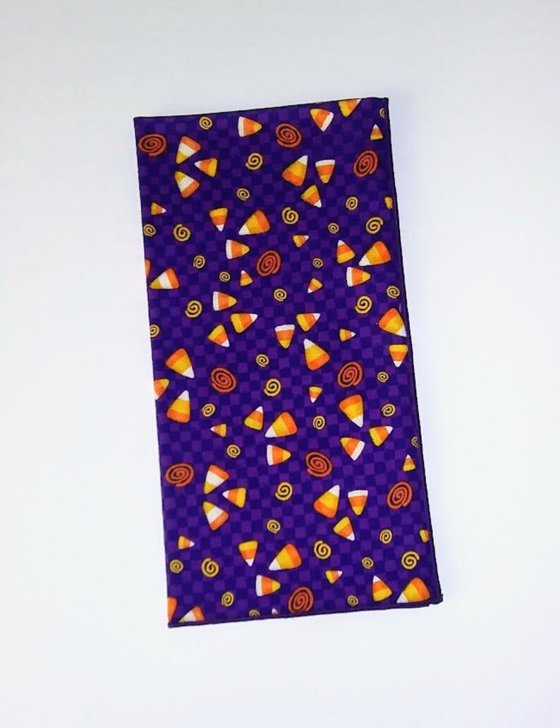 Halloween Napkins, Candy Corn on Purple Background, Cloth Table Napkins, Dinner Napkins, Halloween Decor, Set of 4 image 2