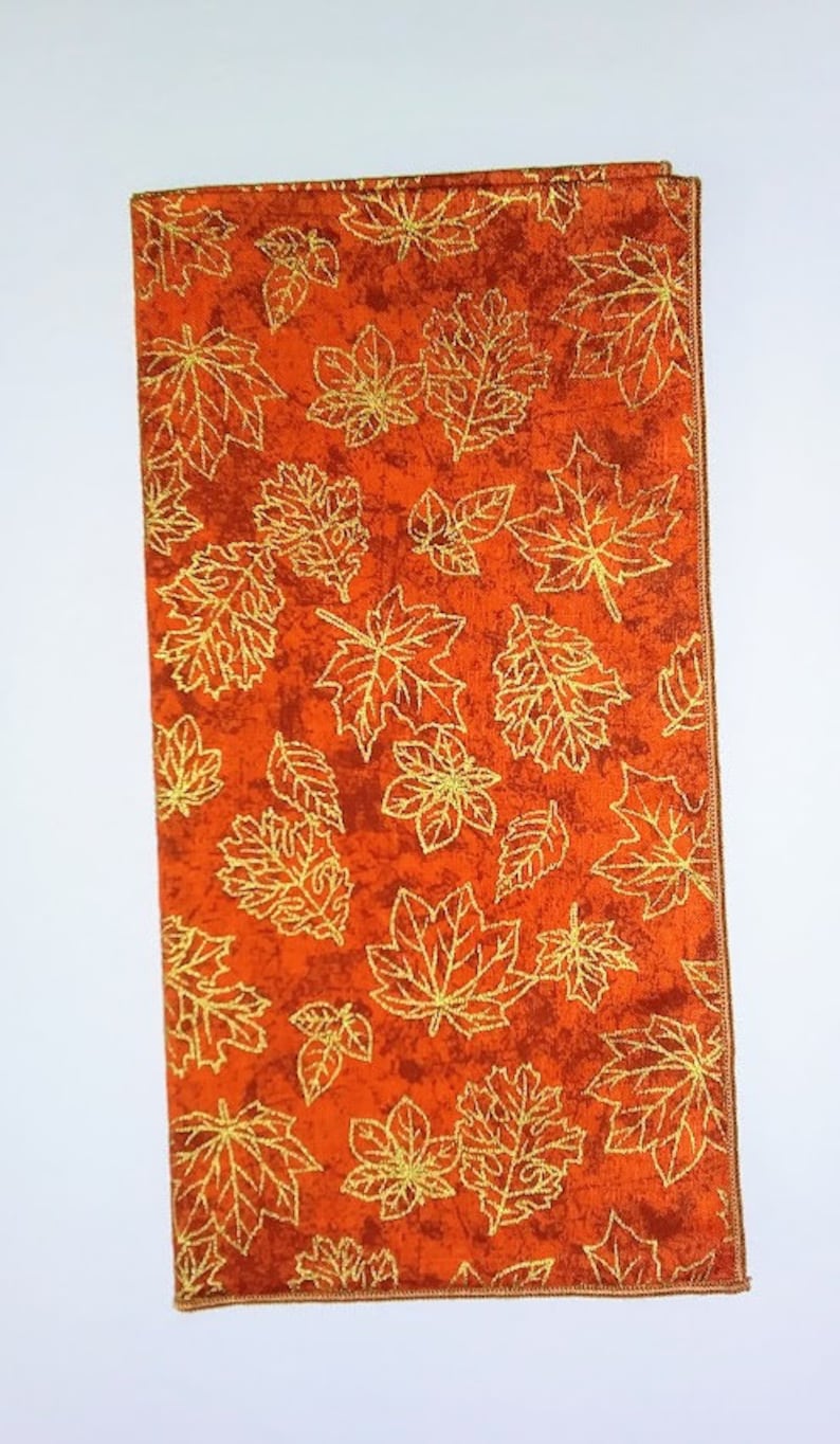 Fall Napkins, Gold Leaves on Burnt Orange Background, Cloth Table Napkins, Dinner Napkins, Set of 4 image 4