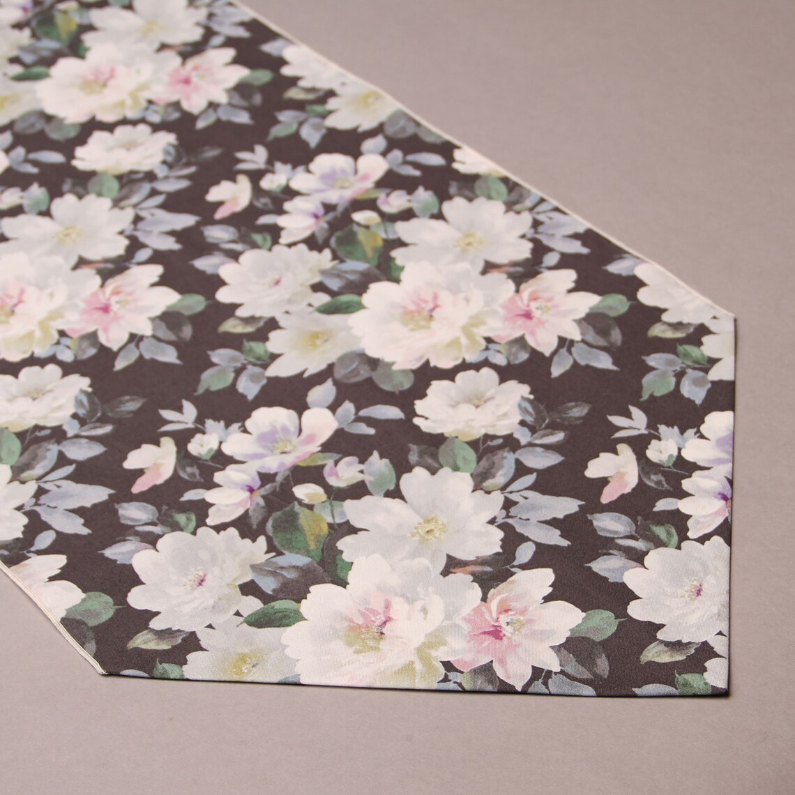 Artisan Block Printed Floral Table Runner - White & Grey main image 1