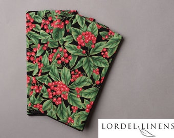 Napkins with Red Berries and Green Leaves, Christmas Napkins, Winter Napkins, Holiday Decor