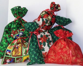 Reusable Christmas Gift Bags, Fabric Christmas Gift Bags, Old Fashioned Christmas, Handmade Gift Bags, Set of 7