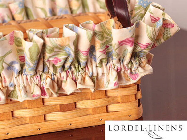 Floral Basket Garter, Pink, Yellow and Blue Flowers and Green Leaves on a Light Background, Basket Decor image 1