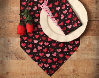 Valentine Table Runner, 90" Table Runner, Valentine Hearts, Pink Hearts on Black with Pink Glitter, Black and Pink Home Decor