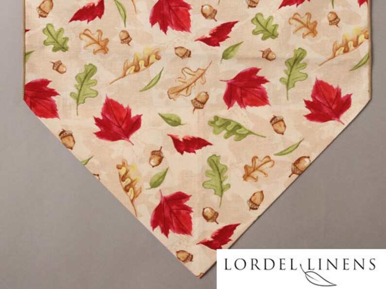 Fall Leaves Table Runner, 36 or 72 Table Runner, Leaves and Acorns, Red, Green and Tan, Modern Table Runner, Home Decor image 1