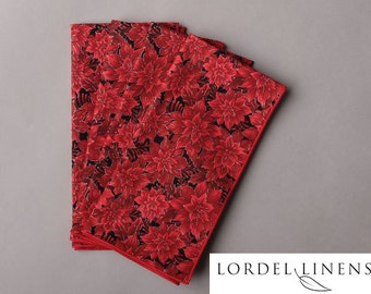 Christmas Napkins, Red Poinsettias on Black with Silver Metallic, Christmas Table Decor