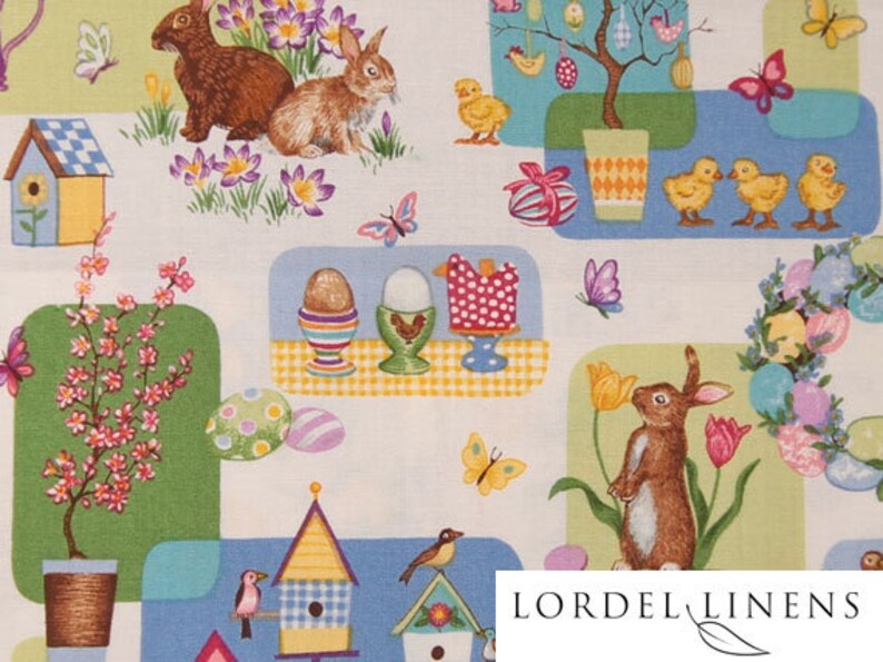 Easter Table Runner, Large Easter Table Runner with Easter Bunnies, Lambs, Yellow Ducks, Birdhouses, Easter Baskets, Easter Eggs, Home Decor image 2