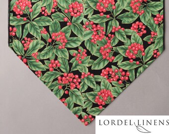 Winter Table Runner, Red Berries and Green Leaves, Small or Large Christmas Table Runner, Holiday Decor