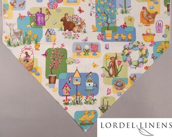 Easter Table Runner, Large Easter Table Runner with Easter Bunnies, Lambs, Yellow Ducks, Birdhouses, Easter Baskets, Easter Eggs, Home Decor