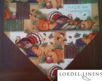 Thanksgiving Table Runner, Large Thanksgiving Table Runner, Praise and Thanksgiving, Turkeys and Pumpkins Table Runner, 72” or 90" Runner