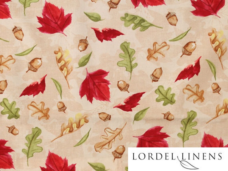 Fall Leaves Table Runner, 36 or 72 Table Runner, Leaves and Acorns, Red, Green and Tan, Modern Table Runner, Home Decor image 2