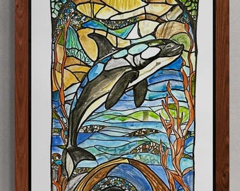 Akwarela w stylu witrażu Orca – papier matowy Archival, 14x11 cali