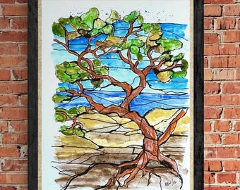 Drzewo Arbutus – akwarela w stylu witrażu – papier matowy Archival, 14x11 cali