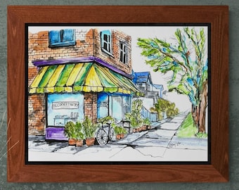 Wydruk „Aquarelle Corner Store” – papier matowy archiwalny, 14x11 cali
