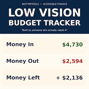 Large Print Budget Tracker Low Vision & Legally Blind | Excel Google Sheets Spreadsheet | High Contrast Dark Mode | Accessible Printable PDF