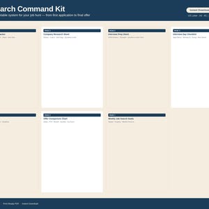 May include: A printable "Job Search Command Kit" with a dark blue header and footer. The kit includes seven pages, each with a title such as "Master Application Tracker" and "Company Research Sheet". The kit is designed to help with job hunting.