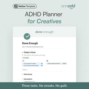 Könnte beinhalten: Eine digitale ADHD-Planer-Vorlage für Kreative, mit dem Text "ADHD Planner for Creatives". Der Planer enthält Abschnitte für tägliche Aufgaben, Projektmanagement und ein Brainstorming. Der Text "Three tasks. No streaks. No guilt." ist ebenfalls sichtbar.