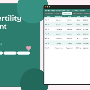 May include: A digital IVF & Fertility Treatment Tracker on a computer screen. The tracker displays data including medication, dosage, and appointments. The background is teal with white text and a pink heart icon.