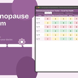 Könnte beinhalten: Ein digitaler Perimenopause-Symptom-Tracker, der auf einem Computerbildschirm angezeigt wird. Die Oberfläche enthält eine Tabelle zur Verfolgung von Symptomen wie Hitzewallungen, Schlafqualität und Stimmung. Der Hintergrund ist ein violetter Farbverlauf mit dem Text "Perimenopause Symptom Tracker."