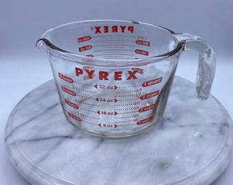 Pyrex 4 Cup 1 Quart Measuring Cup: Clear Glass, Red Markings, Made in USA