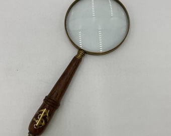 Vintage Teak Magnifying Glass, Inlaid Brass Anchor, 10" Beach Nautical Theme Map