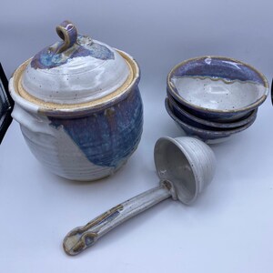 Artisan Studio Pottery 6pc Soup Tureen Set Blue White Glaze Bowls Ladle 9in