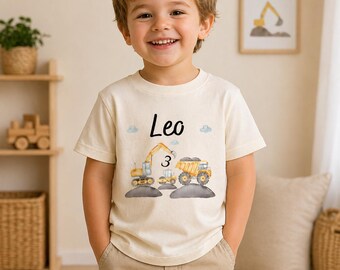 Maglietta personalizzata con escavatore per bambini / Maglietta con nome personalizzato per escavatore da cantiere / Maglietta a maniche corte naturale per bambini, regalo di compleanno