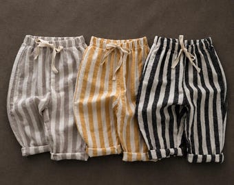 0-2 jaar pasgeboren baby jongens en meisjes gestreepte katoenen linnen broek – casual losse elastische taille peuterbroek