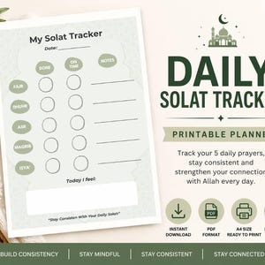 Könnte beinhalten: Ein druckbarer Daily Solat Tracker-Planer mit minimalistischem Design. Er enthält Abschnitte zur Verfolgung von fünf täglichen Gebeten, mit Kontrollkästchen für 'Erledigt' und 'Pünktlich' sowie Platz für Notizen. Der Text enthält 'Sofort-Download' und 'PDF-Format'.