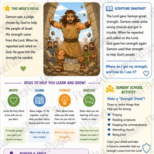 Pode incluir: Um plano de aula da Escola Dominical intitulado "Vem, Segue-me" para crianças do ensino fundamental, com uma ilustração de Sansão. A lição inclui referências bíblicas, atividades e perguntas para discussão sobre a força de Sansão.