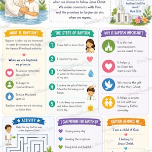 May include: Colorful illustrated infographic about baptism, featuring Jesus Christ and a child. The image includes text explaining the steps, importance, and preparation for baptism, with a maze activity and inspirational quotes.