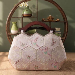 The Lingering Garden Bag, Hexagon Patchwork Bag, Mulberry Silk Handbag, Song Brocade Fabric, Wooden Handle, Suzhou, Artisan Evening Bag