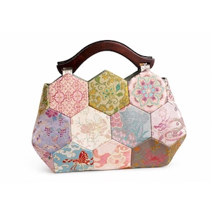 Song Brocade Silk Handbag | Hexagon Patchwork, Grandmother's Flower Garden, Wooden Handle