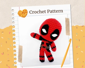 Puede incluir: Patrón de crochet para un juguete de peluche amigurumi Deadpool rojo y negro. El patrón incluye instrucciones para hacer la cabeza, el cuerpo, los brazos y las piernas del juguete. ¡Haz tu propio peluche amigurumi usando este patrón de crochet! Roseberry Land