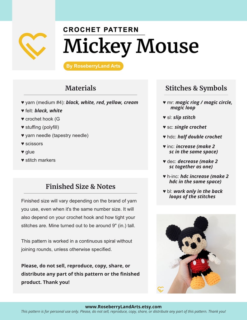 Mickey Mouse PDF Crochet Pattern Instant Download Amigurumi Plush Doll Digital Crochet PATTERN ONLY image 5