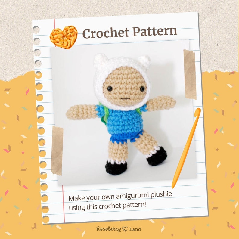 May include: Crochet pattern for an amigurumi plushie of Finn the Human from Adventure Time. The plushie is made with blue, white, and brown yarn. The pattern includes instructions for making the plushie's head, body, arms, and legs. Make your own amigurumi plushie using this crochet pattern!