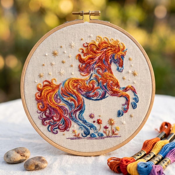 Kit per ricamo di cavallo - Stallone impennato celeste, fantasia, regalo fai da te - Arte boho con animali, progetto di ricamo rilassante