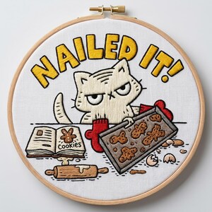 Puede incluir: Arte bordado en bastidor con un gato gruñón sosteniendo una bandeja de galletas de jengibre. El texto "NAILED IT!" es amarillo. Un libro de cocina, un rodillo y guantes de horno también están incluidos.