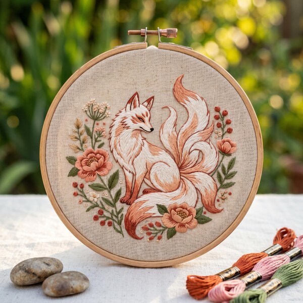 Broderikit med räv - Nio-svansad kitsune mytisk blommönster - Skogsdekor - Handgjord present till henne - DIY-hantverkshobby