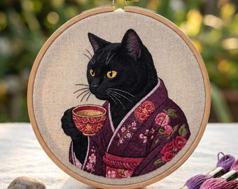 Black Cat Kimono Embroidery Kit – Japanese Tea Art DIY Craft, Beginner Friendly